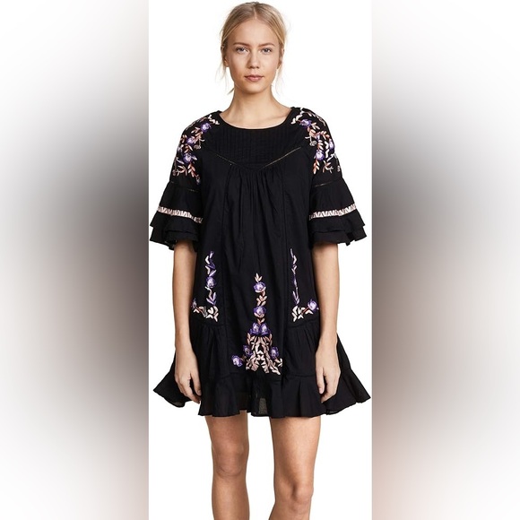 Free People - Pablo Dress - mini 3/4 sleeves, ruffles, embroidery. Black small - Picture 1 of 12